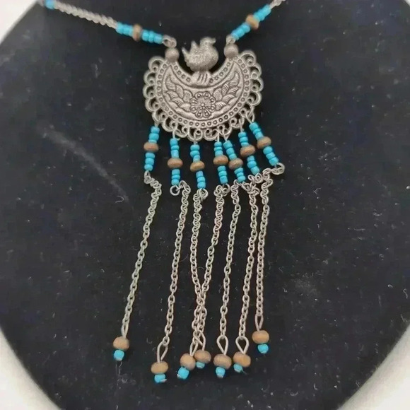 Silver and turquoise necklace and earrings set small bird on crescent  19 in - Picture 2 of 5